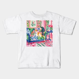 Cat and dog in preppy interior whimsical watercolor Kids T-Shirt